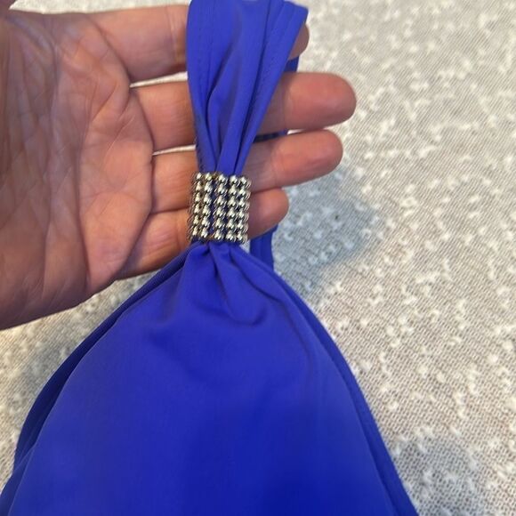 CARMEN MARC VALVO Bright Blue One Piece Swimsuit Deep V Ruched Slimming 12 - Picture 3 of 10